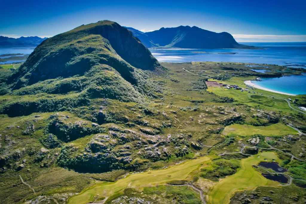 The view of Lofoten Links Golf Course and Mt Hoven