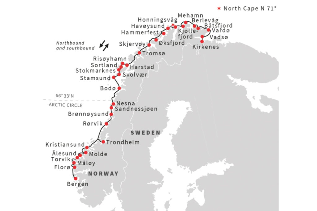 How to get to Tromsø by boat - Hurtigruten map