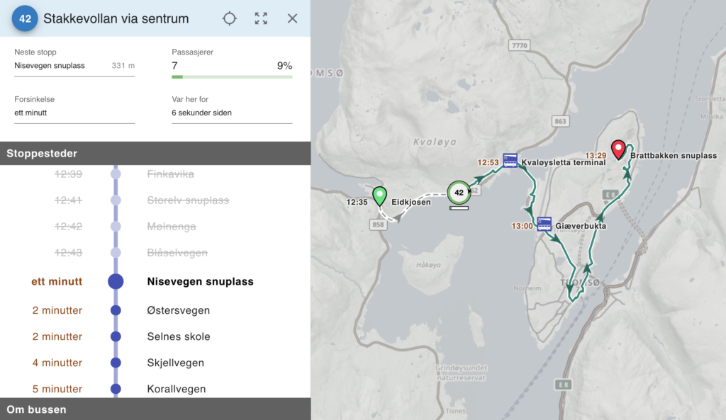 Detailed real time map of public bus system in Tromso, Norway