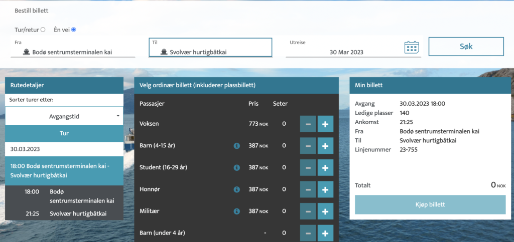 Prebooking passenger ferry from Bodø to Svolvær Lofoten with Reis Nordland