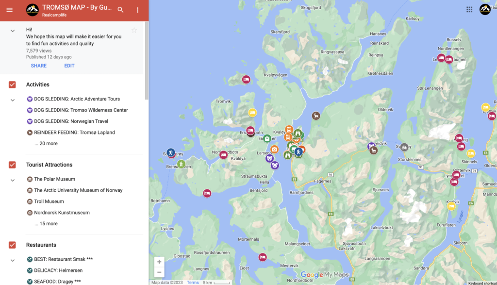 Free interactive map of Tromso with activities accommodations restaurants