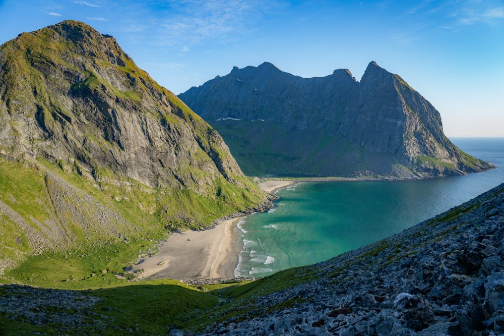 The view of Kvalvika beach seen from a trail to Ryten (you need to take a small detour from the trail in the direction of Kvalvika beach to enjoy this view)