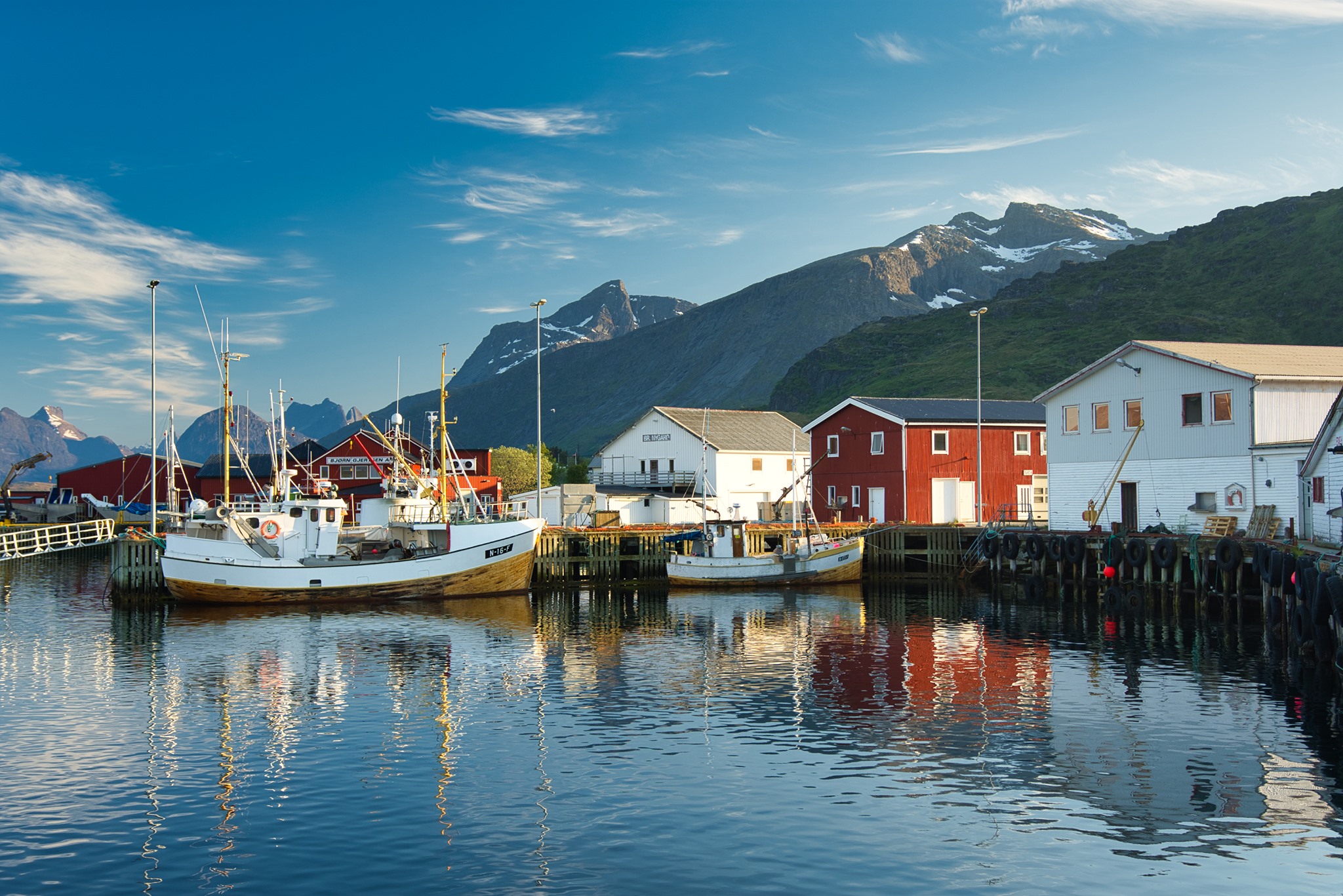 The view of Fredvang harbour on a warm sunny day