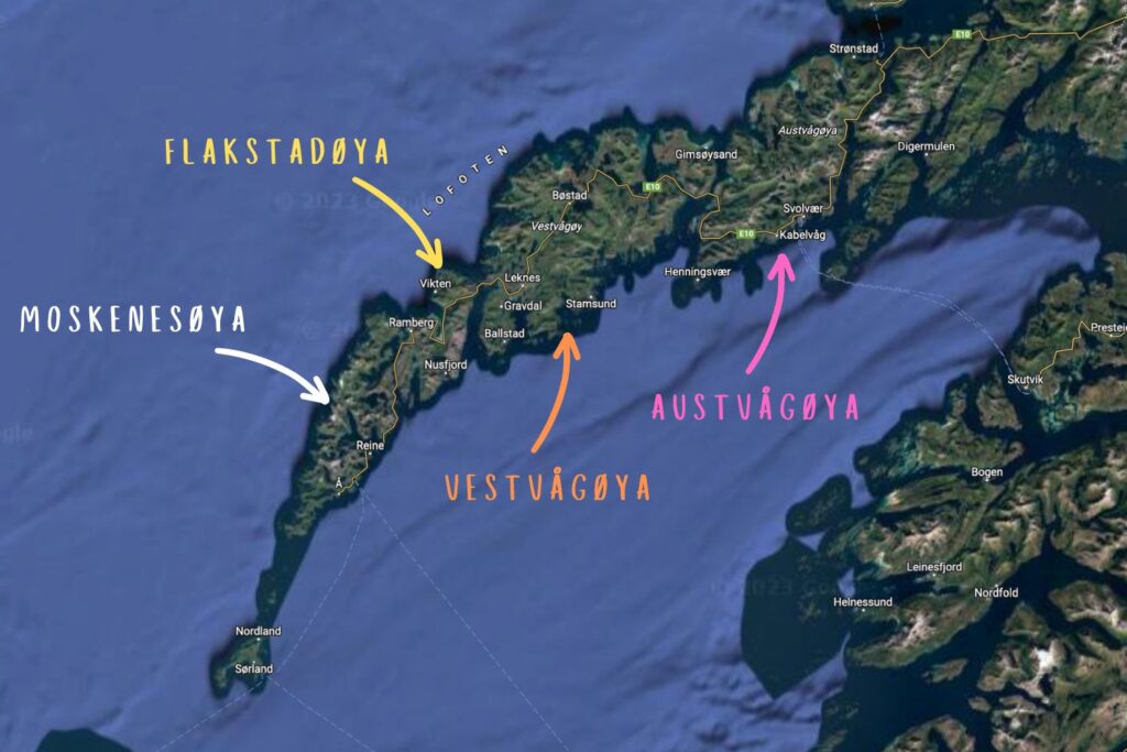 MAP OF LOFOTEN ISLANDS: MOSKENESØYA; FLAKSTADØYA; VESTVÅGØYA; AUSTVÅGØYA