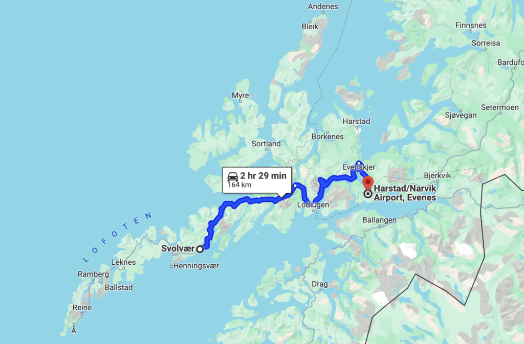 Distance between Evenes Airport and Svolvaer