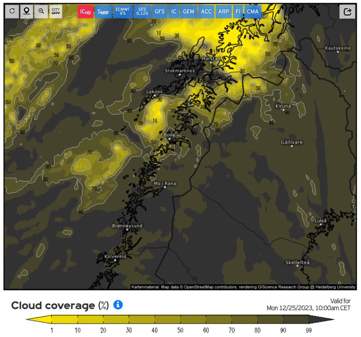 Northern Lights Forecast Lofoten: weather forecast by meteologix showing the cloud coverage over the Lofoten Islands