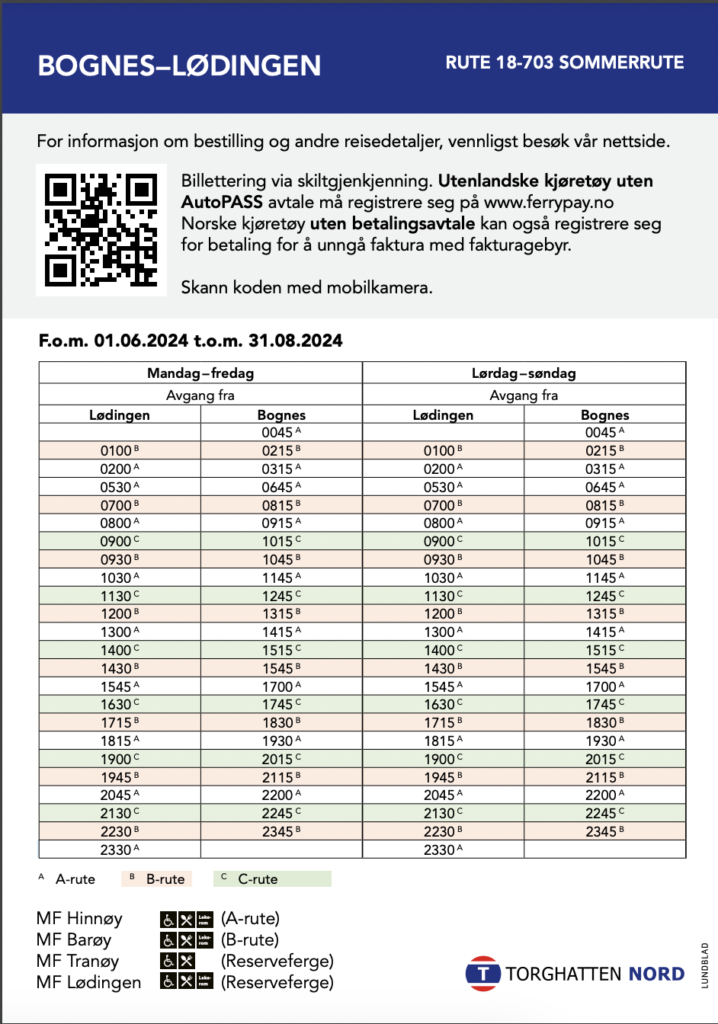 Car ferry routes in Lofoten: Bognes Lødingen Summer Schedule