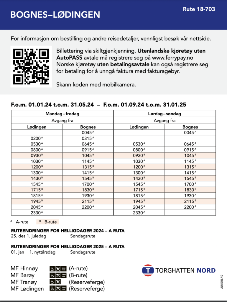 Car ferry routes in Lofoten: Bognes Lødingen Winter Schedule