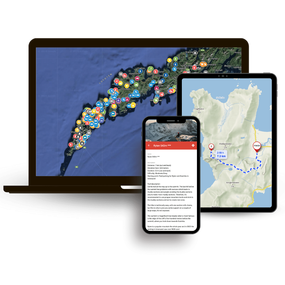 The best Interactive Map of the Lofoten Islands showing hiking trails, must-see places, hidden spots, ferry information, public restrooms, campsites and free camping spots and much more. Made by Lofoten locals.