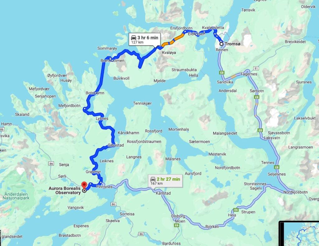 Tromso Senja ferry Brensholmen Botnhamn vs mainland map