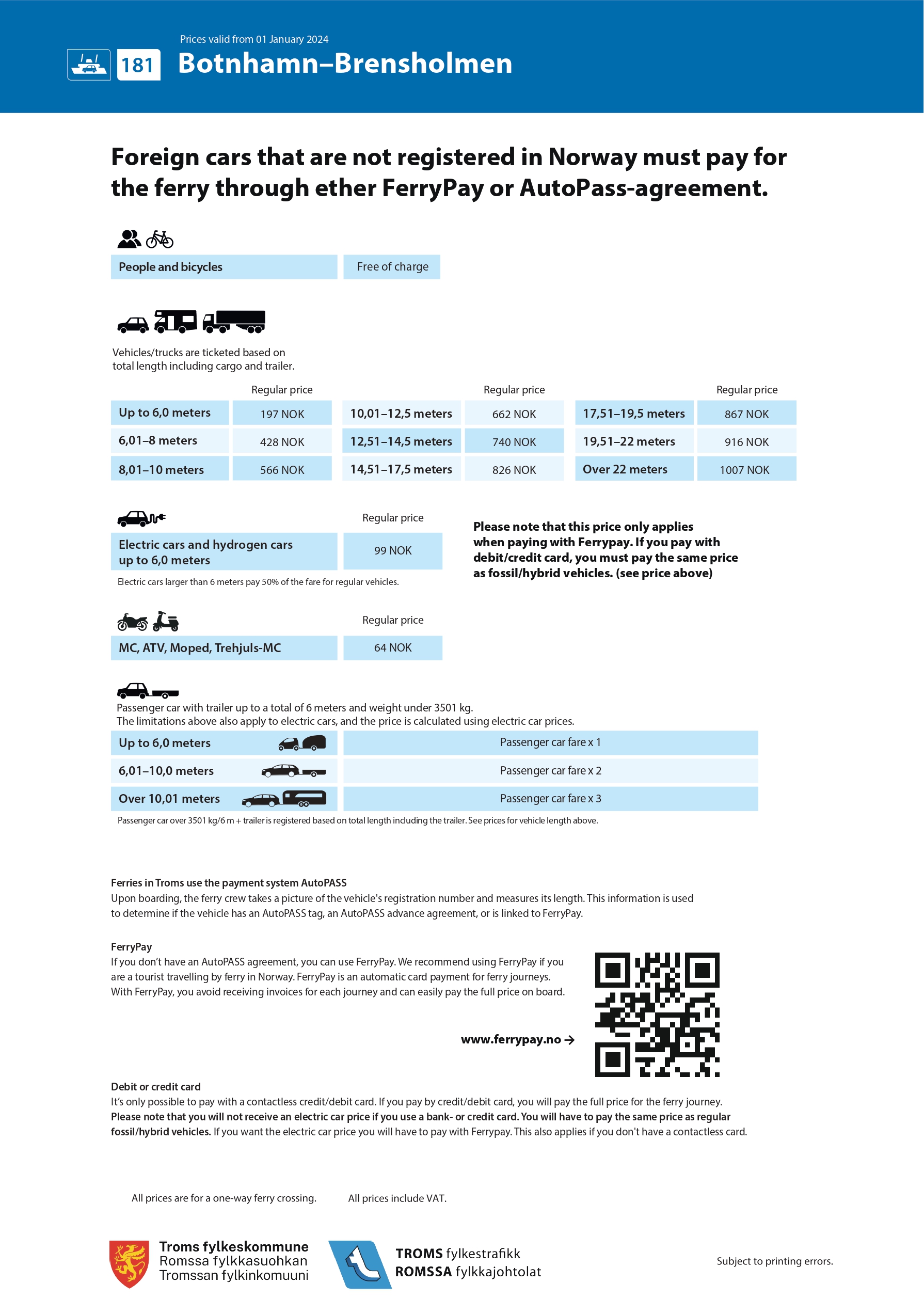 Tromso Senja ferry price for foreign registered vehicles 2024