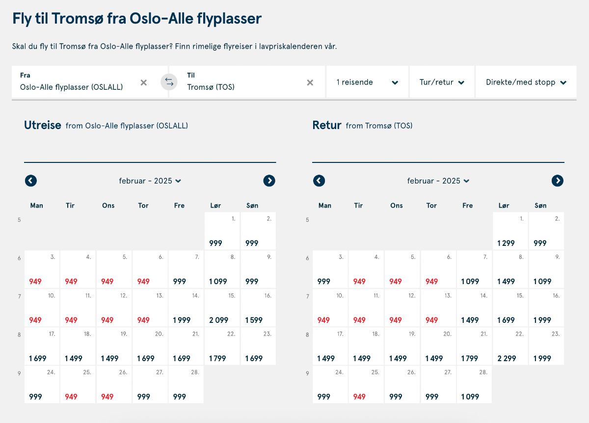 How to get to Senja from Tromso - flight ticket prices between Oslo and Tromsø airport (TOS)