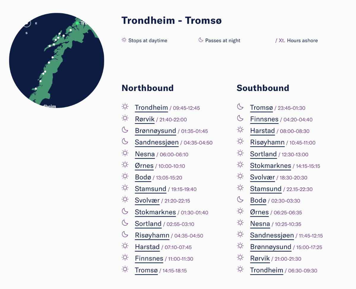 Getting to Tromsø by Sea: A snapshot of the stops along the Havila or Hurtigruten route between Bergen and Trondheim.