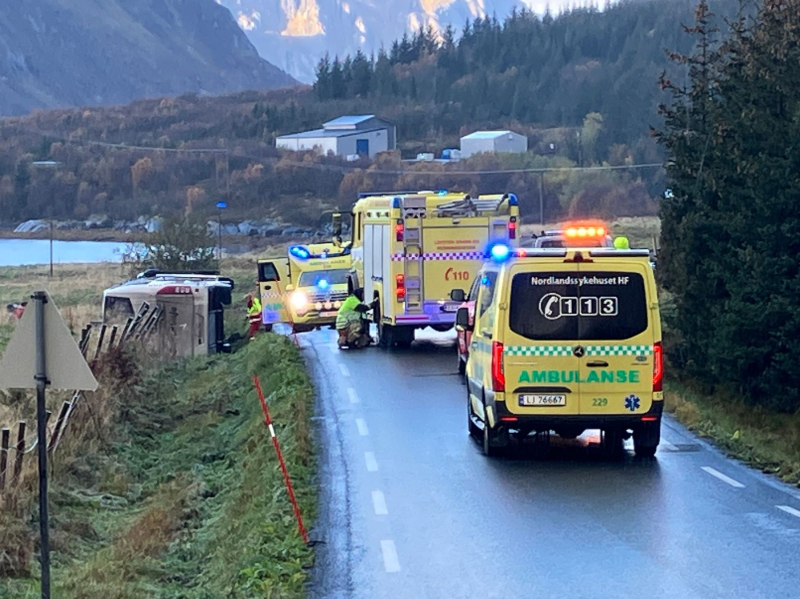 Winter driving conditions in Lofoten Norway. A bus drove out of the road close to Haukland due to black ice October 6, 2024